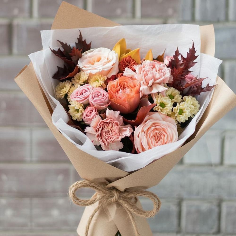 Букет осеннее настроение в Вычегодском Букет цветов из: Гвоздики, Хризантемы и Розы в Вычегодском