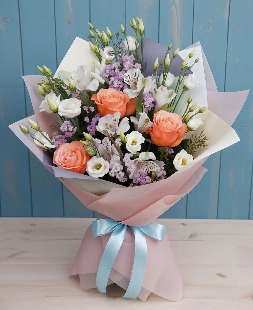 Букет цветов из: Лизиантусы, Розы, Альстромерии и Гипсофила в Вычегодском