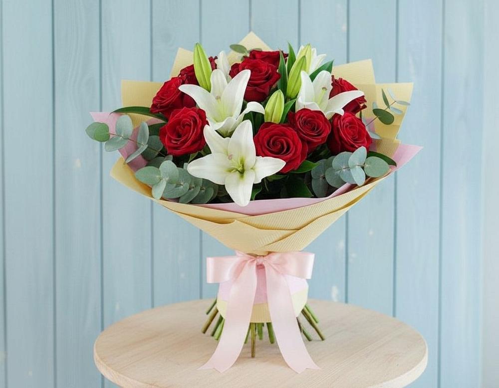 Букет Элегантная гармония в Вычегодском Букет цветов из: Лилии и Розы в Вычегодском